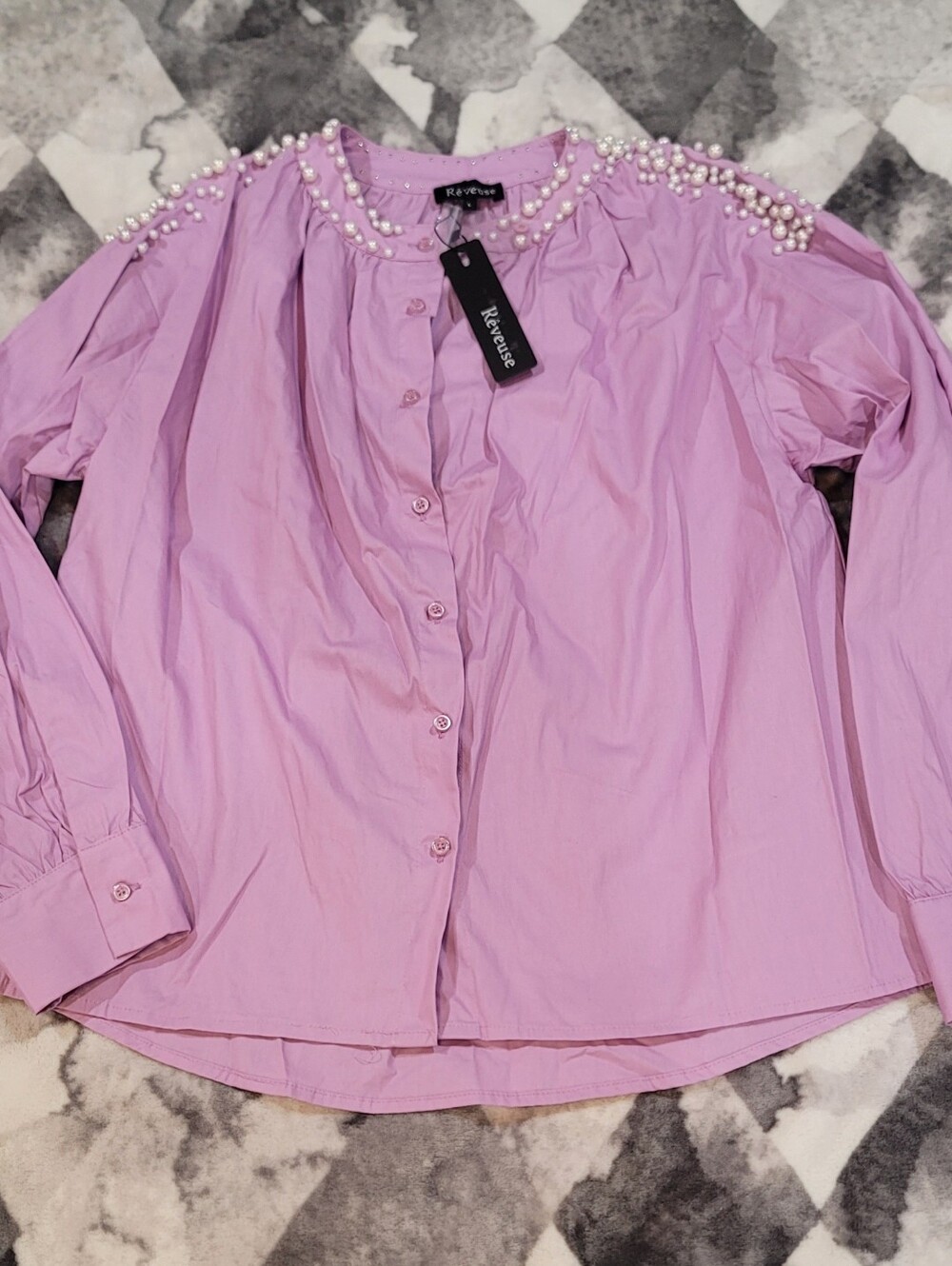 Lavender Pearl-Trim Button Down Shirt